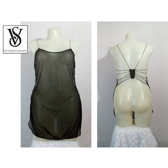 Rare Victoria Secret Black Sheer Cheeky Open Back Strappy Lingerie Goth Sz L - Picture 1 of 3